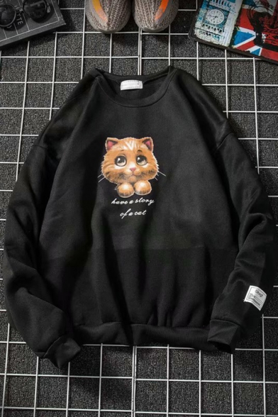 Chic Boys Long Sleeve Crew Neck Lovely Cat Printed Relaxed Fit Pullover Sweatshirt