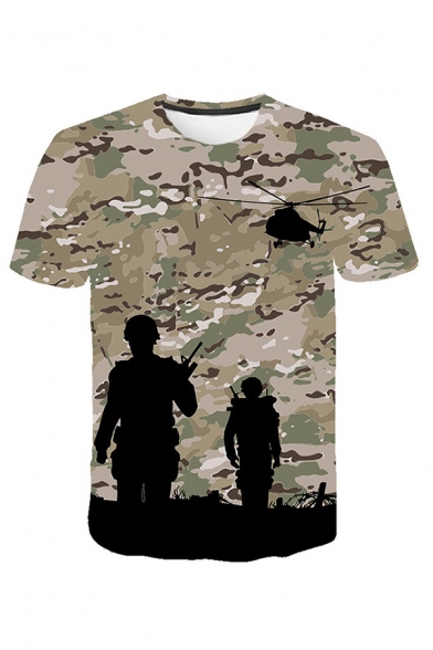 Chic Boys Short Sleeve Crew Neck Camo Army Tree Flag 3D Patterned Relaxed Fit T Shirt