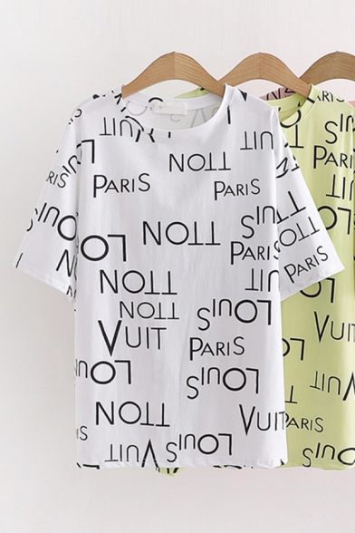 Chic Trendy Girls Short Sleeve Round Neck All Over Letter PARIS Print Relaxed Tee