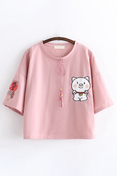 Chinese Womens Short Sleeve Round Neck Bow Tie Pig Patterned Relaxed Fit Graphic T Shirt