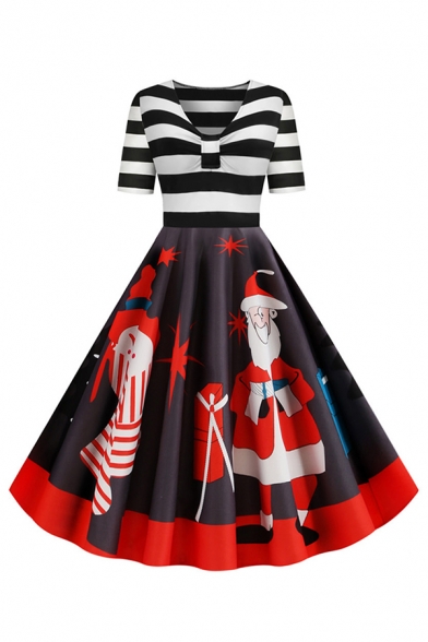 Christmas Fashion Girls Short Sleeve V-Neck Stripe Santa Claus Pattern Panel Ruched Long Pleated Flared Dress in Red