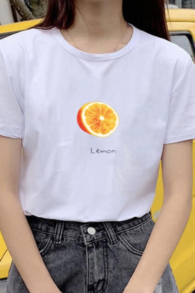Classic Simple Girls Short Sleeve Crew Neck Prune Margosteen Lemon Graphic Fitted T Shirt in White