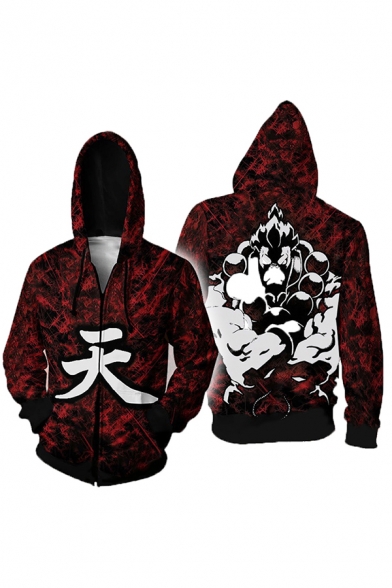 Cool Boys Red Long Sleeve Drawstring Zipper Front Chinese Letter Cosplay 3D Printed Relaxed Hoodie