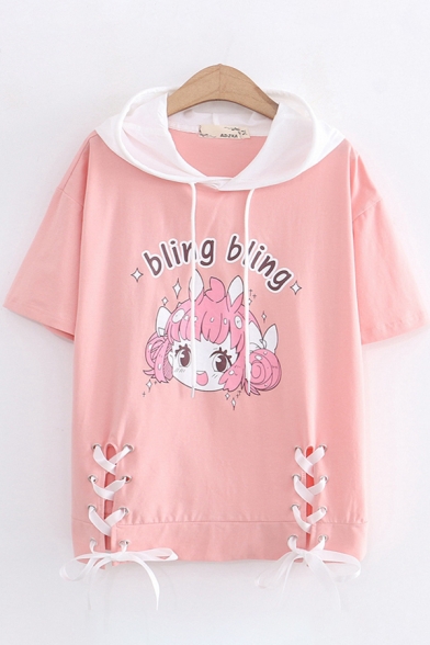 Cute Fancy Girls Short Sleeve Hooded Letter BLING BLING Cartoon Graphic Lace Up Contrasted Loose T Shirt