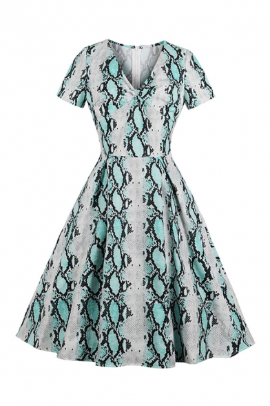 Dressy Girls' Short Sleeve V-Neck Snake Printed Ruched Maxi Pleated Swing Dress in Green