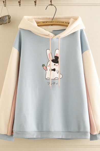 Fancy Girls Long Sleeve Drawstring Japanese Letter Rabbit Graphic Color Block Oversize Hoodie