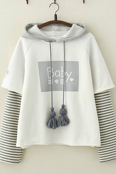 Fashionable Girls Long Sleeve Letter BABY Stripe Print Patchwork Drawstring Relaxed Hoodie in White