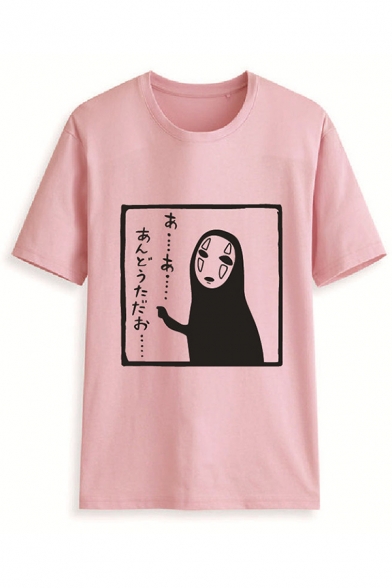 Fashionable Girls Short Sleeve Round Neck Japanese Letter No Face Man Print Relaxed Graphic T Shirt
