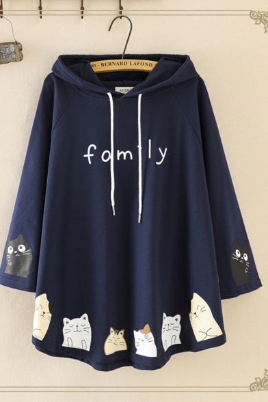 Fashionable Women's Long Sleeve Drawstring Letter FAMILY Cat Graphic Oversize Ears Hoodie
