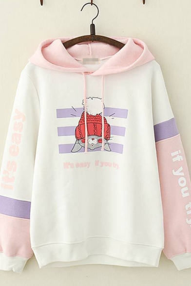 Fashionable Womens Long Sleeve Drawstring Letter IT'S EASY IF YOU TRY Cartoon Graphic Striped Colorblocked Loose Fit Hoodie