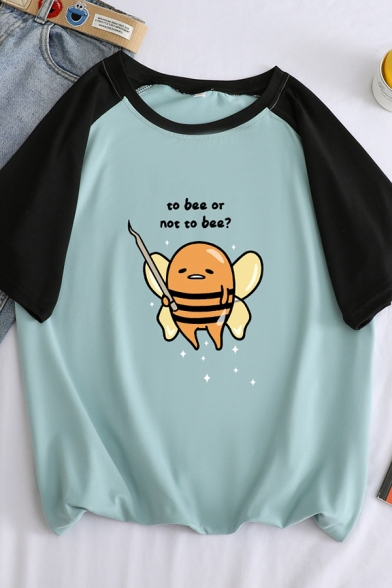 Funny Letter TO BEE OR NOT TO BEE Graphic Short Sleeve Round Neck Colorblocked Tee for Ladies