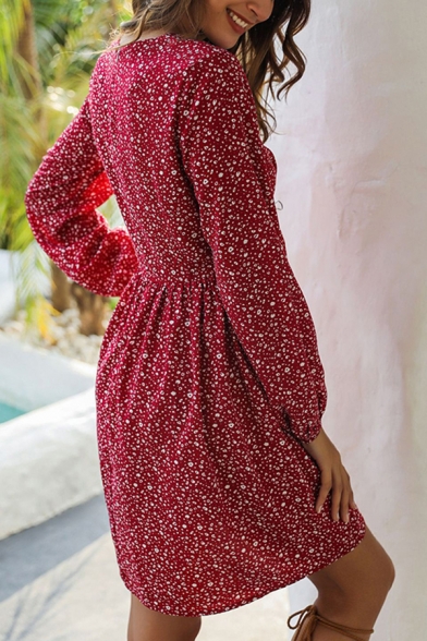 Gorgeous Womens Long Sleeve V-Neck All Over Flower Printed Short A-Line Dress in Red