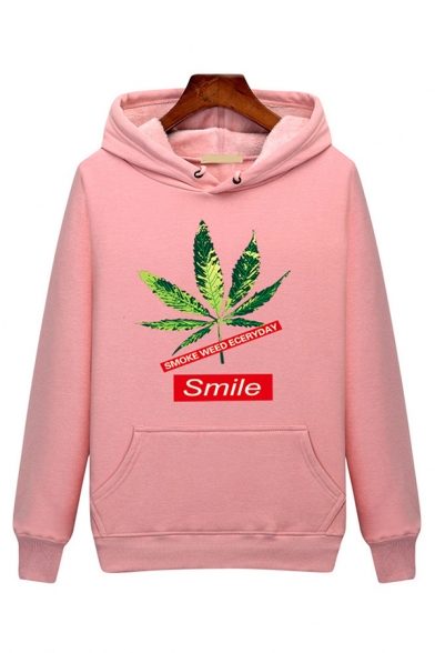 Guys' Trendy Long Sleeve Letter SMILE Leaf Printed Pouch Pocket Relaxed Fit Hoodie