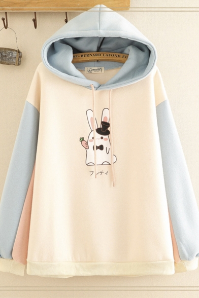 Kawaii Girls Long Sleeve Drawstring Rabbit Graphic Color Block Relaxed Fit Hoodie