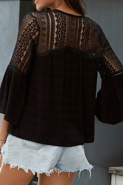 Ladies' Stylish Street Solid Color Bell Sleeve V-Neck Button Down Lace Patched Loose Fit Shirt