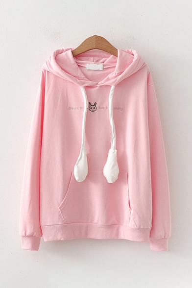 

Leisure Ladies Long Sleeve Drawstring Pouch Pocket Rabbit Embroidered Relaxed Fit Ears Hoodie, Blue;pink;white, LM599053