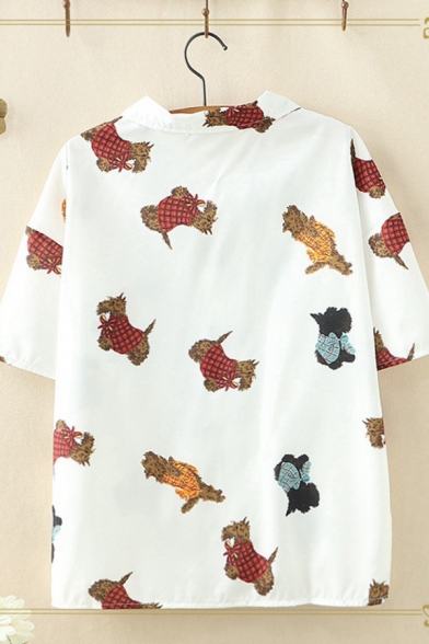 Lovely Girls Short Sleeve Lapel Collar Button Down Allover Dog Printed Relaxed Fit Shirt in White