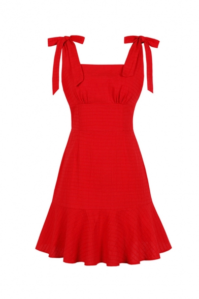 

Lovely Girls' Sleeveless Plain Bow Tie Shoulder Zipper Back Midi Pleated A-Line Cami Dress, Red;light blue, LM595530