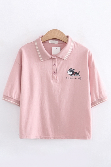 Lovely Preppy Girls Short Sleeve Lapel Collar Button Down Dog Graphic Striped Loose Crop Polo Shirt