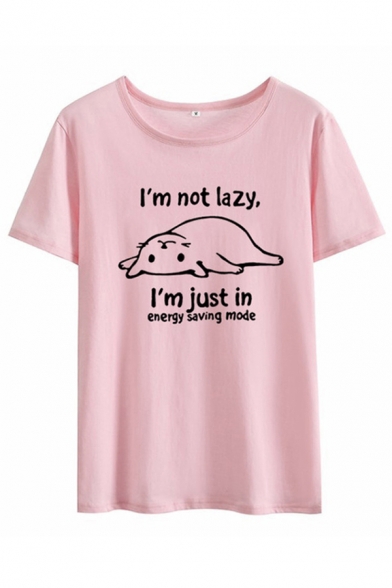 New Fashion Womens Short Sleeve Round Neck Letter I'M NOT LAZY Cat Graphic Loose Fit T Shirt
