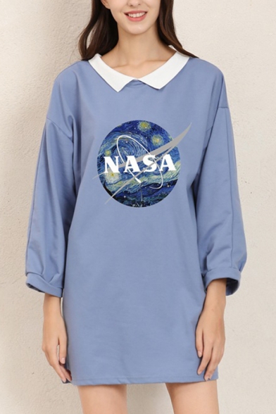 Popular Women's Long Sleeve Lapel Neck NASA Print Button Front Oversize Long T Shirt