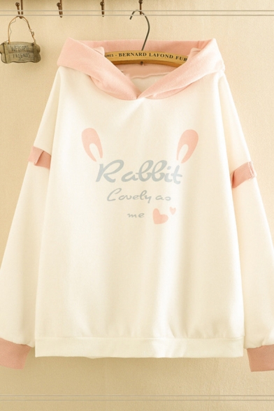 Preppy Girls Long Sleeve Letter RABBIT Graphic Stringy Selvedge Contrasted Loose Fit Hoodie