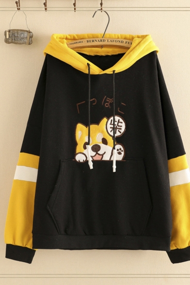 Preppy Looks Long Sleeve Drawstring Dog Japanese Letter Graphic Color Block Loose Fit Hoodie with Pocket