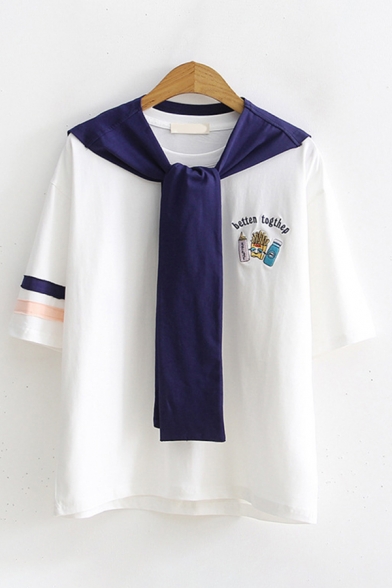 Preppy Looks Short Sleeve Tied Front Embroidered Stripe Printed Loose Fit T Shirt