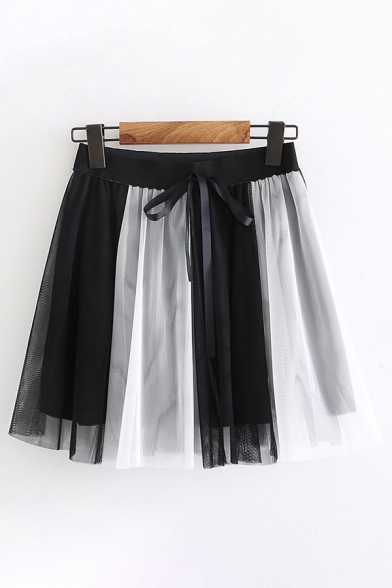 Preppy Womens Drawstring Waist Colorblocked Mesh Mini Pleated A-Line Skirt