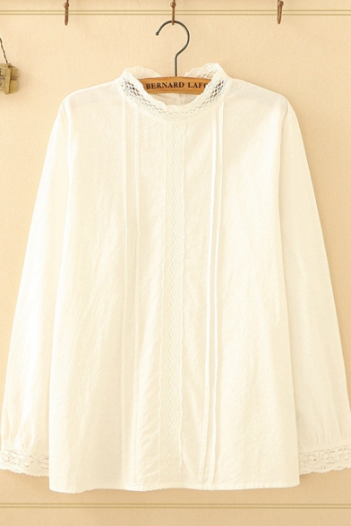 

Pretty Girls Long Sleeve Crew Neck Button Down Lace Trim Pleated Loose Fit Shirt in White, LM599588