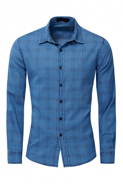 Simple Guys Blue Long Sleeve Lapel Collar Button Down Checker Printed Slim Fitted Shirt