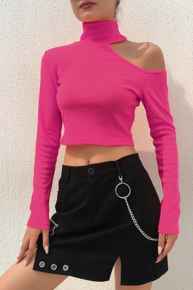 Street Unique Long Sleeve High Neck Cut Out Solid Color Knitted Fitted Crop Sweater Top