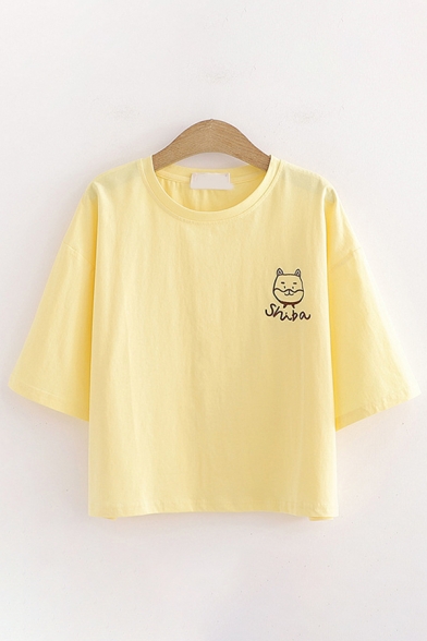 Trendy Girls Short Sleeve Round Neck Letter SHIBA Bear Graphic Loose Fit T Shirt