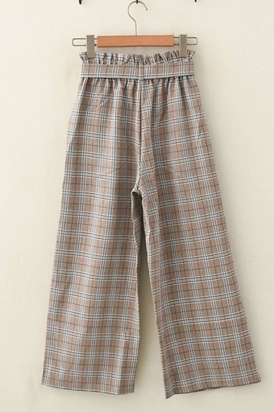 Womens Trendy Bow Tied Waist Plaid Patterned Long Length Wide-Leg Trousers