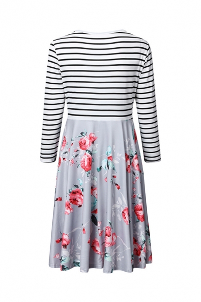 Casual Basic Women's Long Sleeve Round Neck Stripe Floral Patterned Nursing Long Pleated A-Line Dress