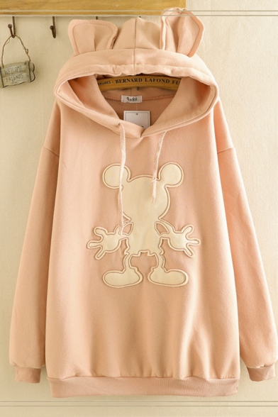Casual Women's Long Sleeve Drawstring Mickey Embroidered Oversize Long Ears Hoodie