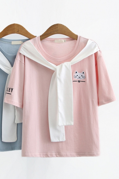 Casual Womens Short Sleeve Tied Front Letter Cat Graphic Embroidered Relaxed Fit Tee Top