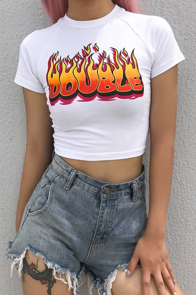Chic Fashion Girls Short Sleeve Crew Neck Letter DOUBLE Flame Printed Slim Fit Crop T Shirt in White