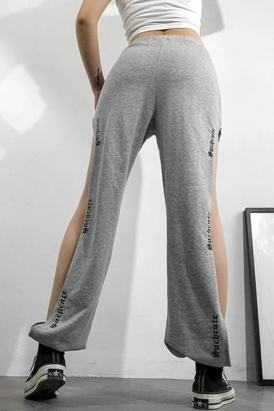 Chic Unique Girls Elastic Waist Letter SUCH CUTE Cut Out Side Baggy Cuffed Sweatpants in Gray