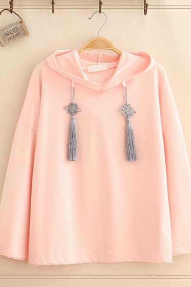 Chinese Style Girls' Long Sleeve Fringe Chinese Knots Drawstring Chinese Letter Print Loose Fit Hoodie