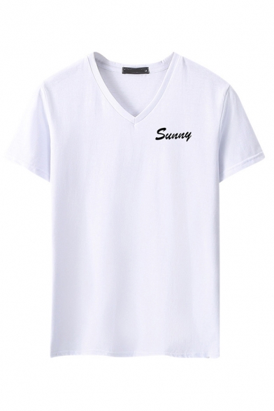 Cozy Classic Short Sleeve V-Neck Letter SUNNY Printed Slim Fitted T Shirt for Guys