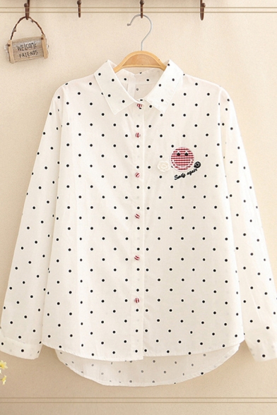 Designer Long Sleeve Lapel Collar Button Down Letter SMILE AGAIN Graphic Embroidered Polka Dot Stripe Loose Shirt in White