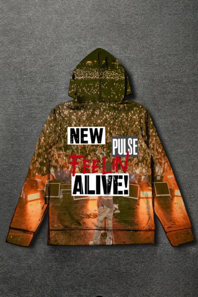 Fancy Mens Long Sleeve Letter NEW PULSE FEELIN ALIVE Cactux ECG Graphic Loose Fit Hoodie with Pocket