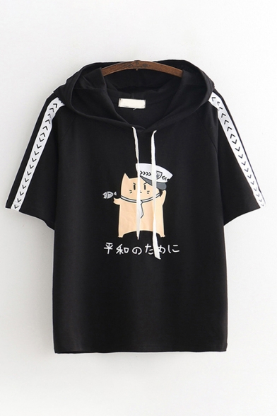 Fashionable Girls Short Sleeve Drawstring Cat Japanese Letter Graphic Striped Contrasted Loose Fit Hoodie