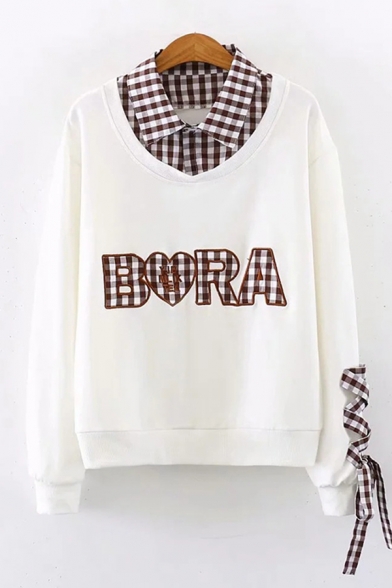 Fashionable Womens Long Sleeve Lapel Collar Letter BORA Plaid Graphic Lace Up False Two-Piece Loose Fit Pullover Sweatshirt