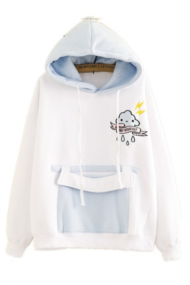 Funny Cute Girls' Long Sleeve Drawstring Cartoon Cloud Letter Embroidery Pouch Pocket Color Block Loose Hoodie