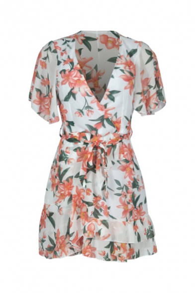 Gorgeous Ladies Short Sleeve Surplice Neck Bow Tie Waist All Over Floral Printed Short Pleated Wrap Dress