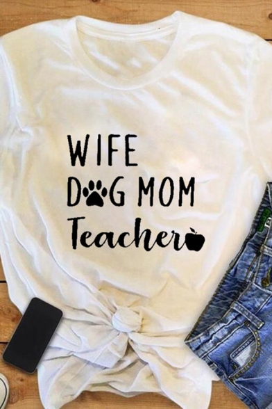 Korean Girls Short Sleeve Crew Neck Letter WIFE DOG MOM TEACHER Relaxed Fit Graphic Tee