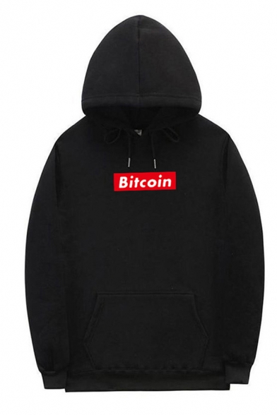 Korean Style Boys Long Sleeve Letter BITCOIN Colorblock Drawstring Pouch Pocket Loose Hoodie