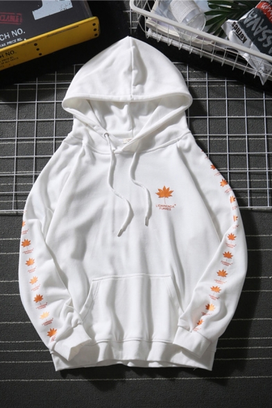 Popular Guys' Long Sleeve Drawstring Maple Leaf Printed PAREOAKICE FUKKES Letter Pouch Pocket Relaxed Hoodie